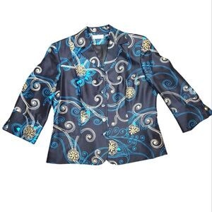 Vintage 90s Silk Blazer Jacket Black Blue 3/4 Sleeve‎ Floral Classic Button 12